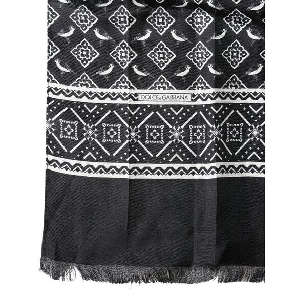Dolce & Gabbana Black Gray Silk Bird Fringe Wrap Foulard 140cm X 23cm Men\'s